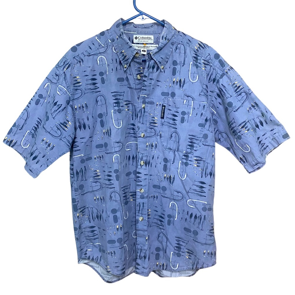 Vintage 90s Y2K Columbia fishing lures button front Shirt sz M 100% Cotton